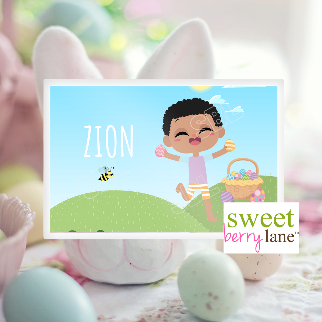 Easter Personalized Placemat for Black boys features a bright and color spring scene with a joyous black boy holding two easter eggs