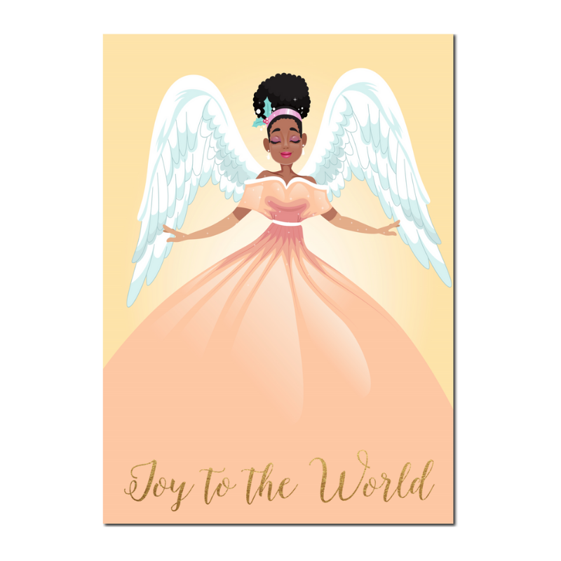 African American  Angel Christmas Card featuring a black Angel in a peach dress with an afro