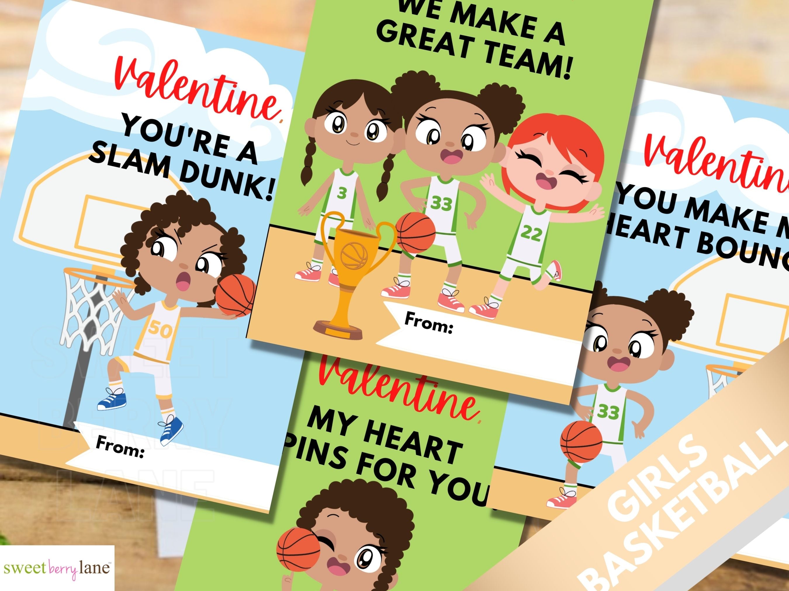 Basketball Valentines Day Classroom Cards for black girls