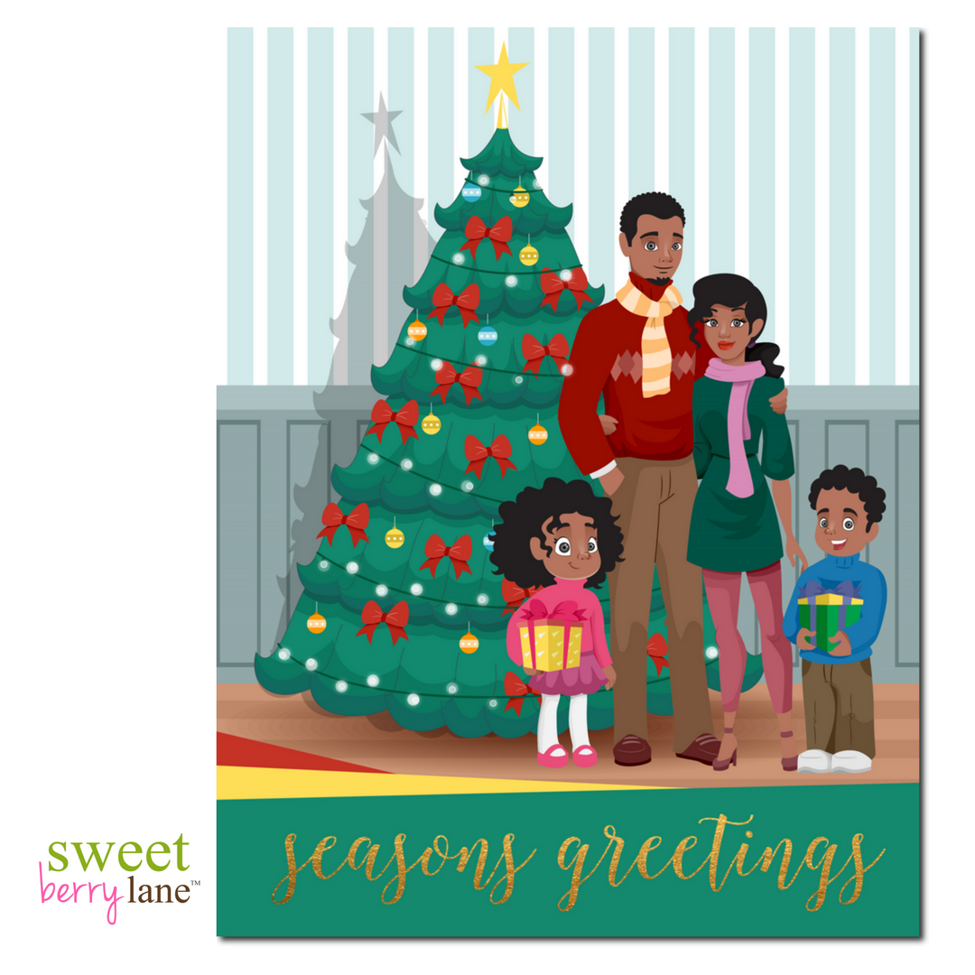 This African American Christmas Greeting card features an adorable family standing in front of a Christmas tree.