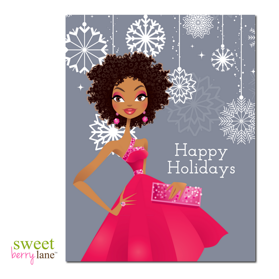 Black Girl Magic Christmas Card featuring an African American woman wearing a pink dress rocking her natural curls.