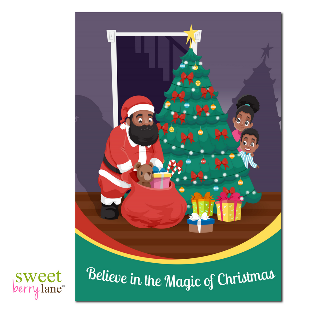 Christmas Greeting Card with an African-American Santa Claus with kids peeking around the Christmas Tree.