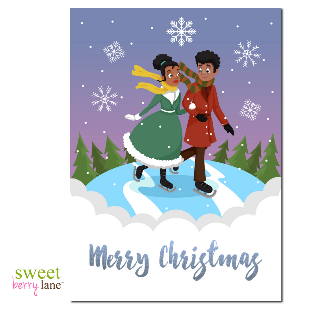 Christmas Card featuring an African American couples ice skating.