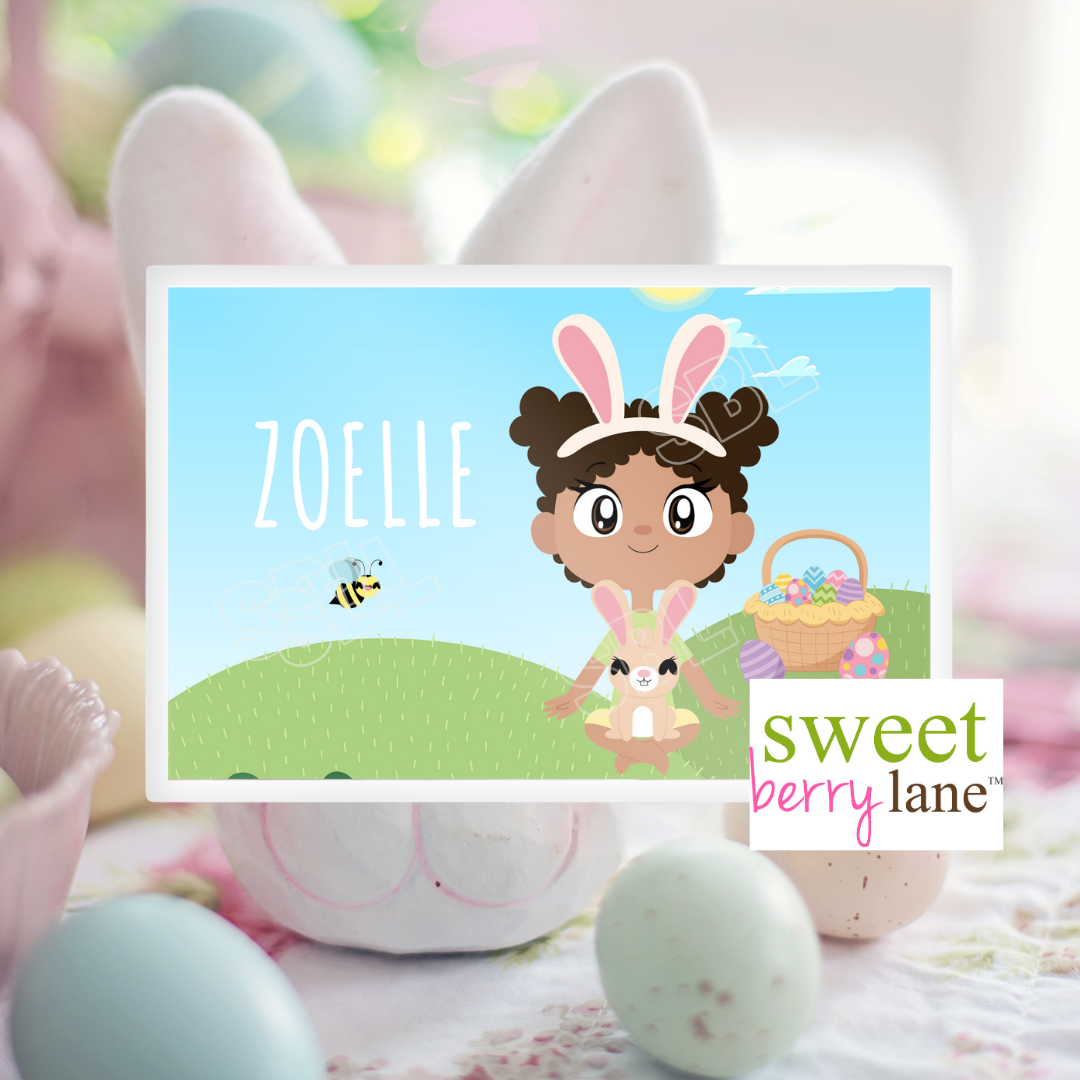 Easter Personalized Placemat for Black Girls features a bright and color spring scene with an adorable Black Girl holding a bunny.