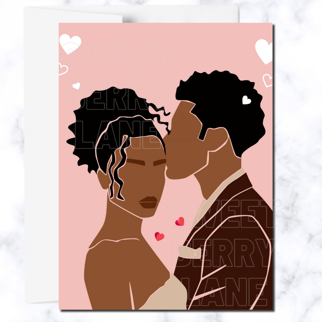 African American Valentine's Day Card showing Black Love in Abstract Art.  This Black Love Valentine's Day Greeting Card has a black couple with natural hair.