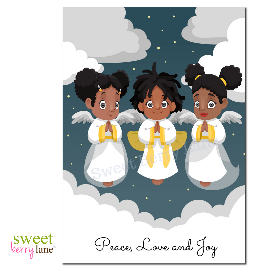 This African American Christmas Greeting Card features three black angels with the words Peace, Love and Joy